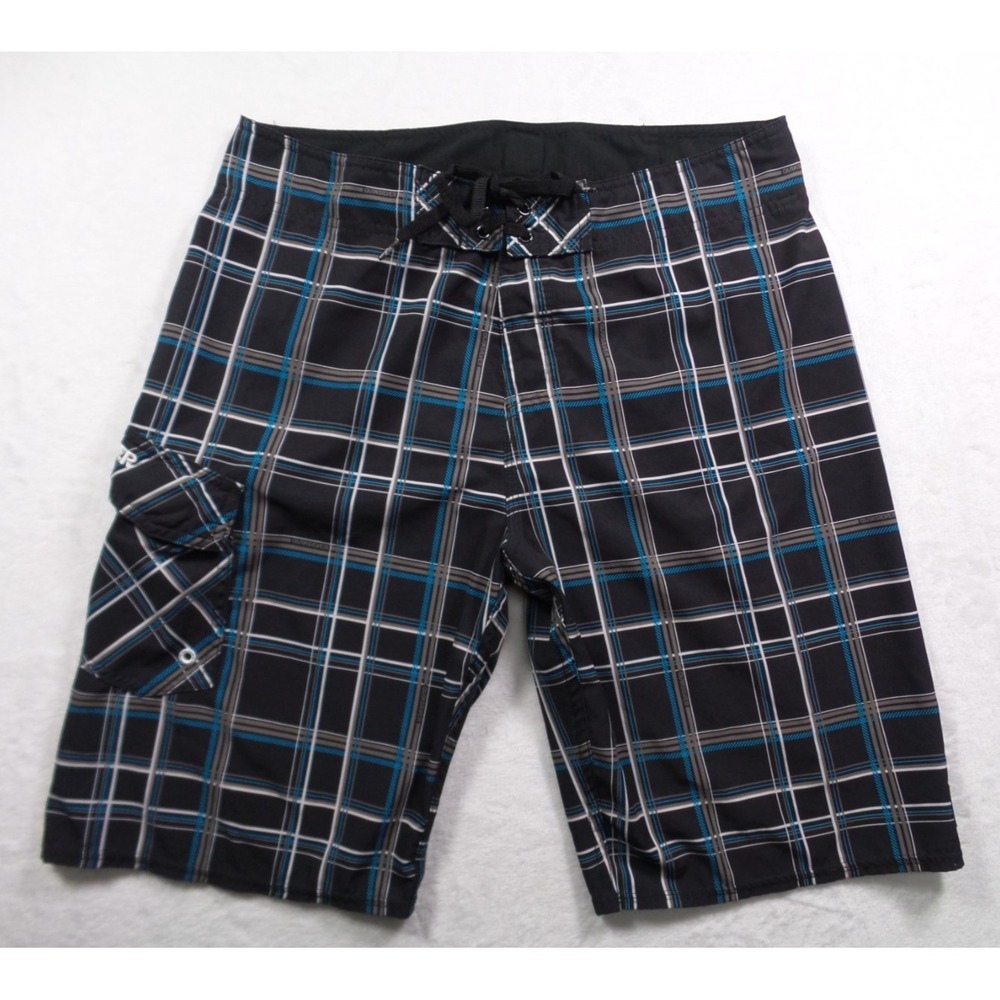 Quiksilver Shorts Mens 33 Black Plaid Stretch Boardshorts Pocket Drawstring